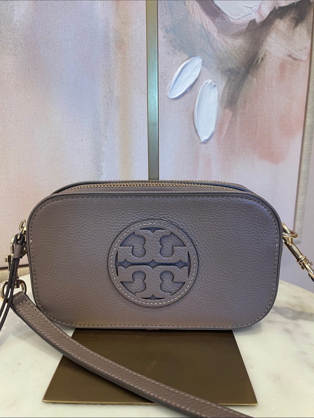 Tory Burch Taupe Pebbled Leather Crossbody Camera Bag